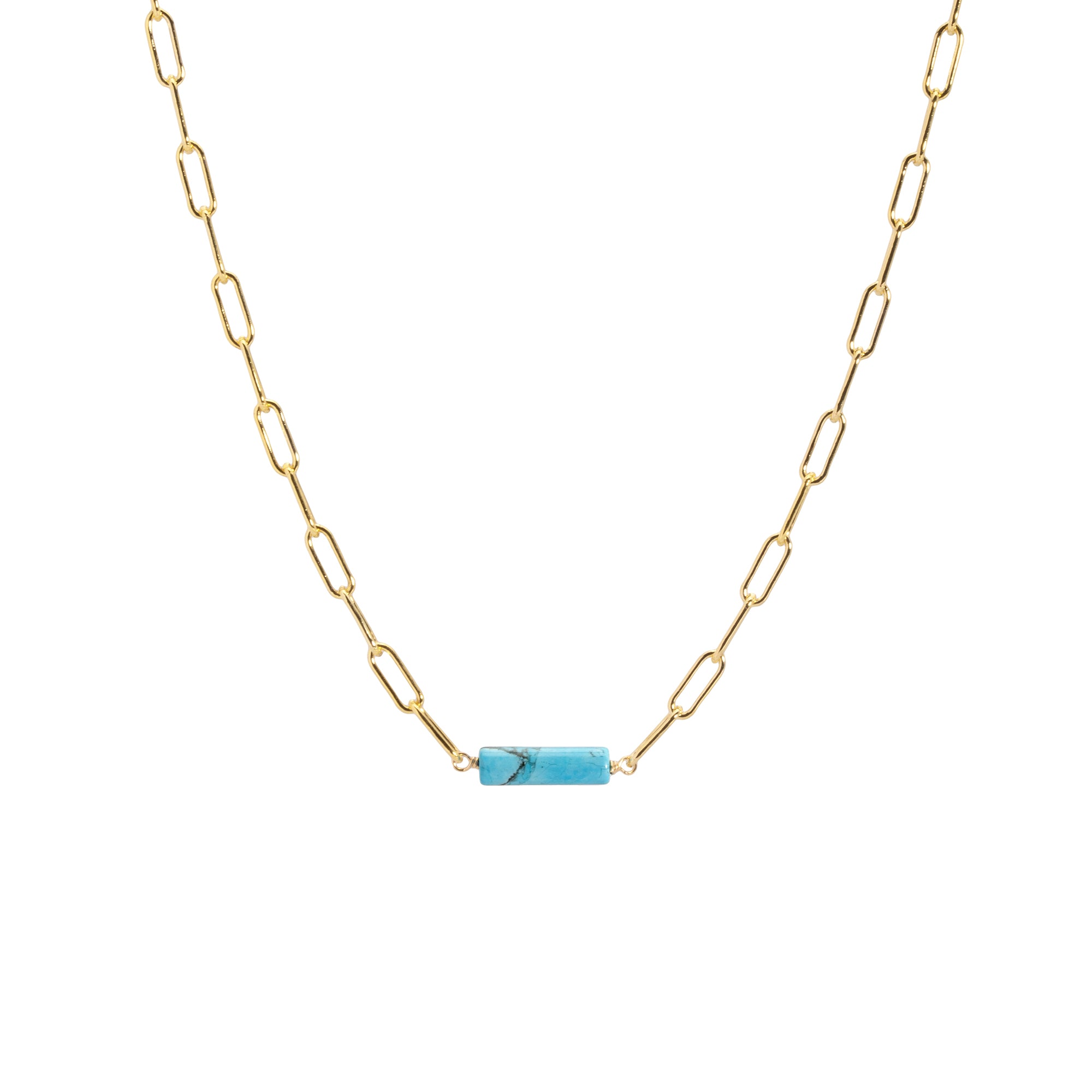Paperclip chain necklace with turquoise barrel