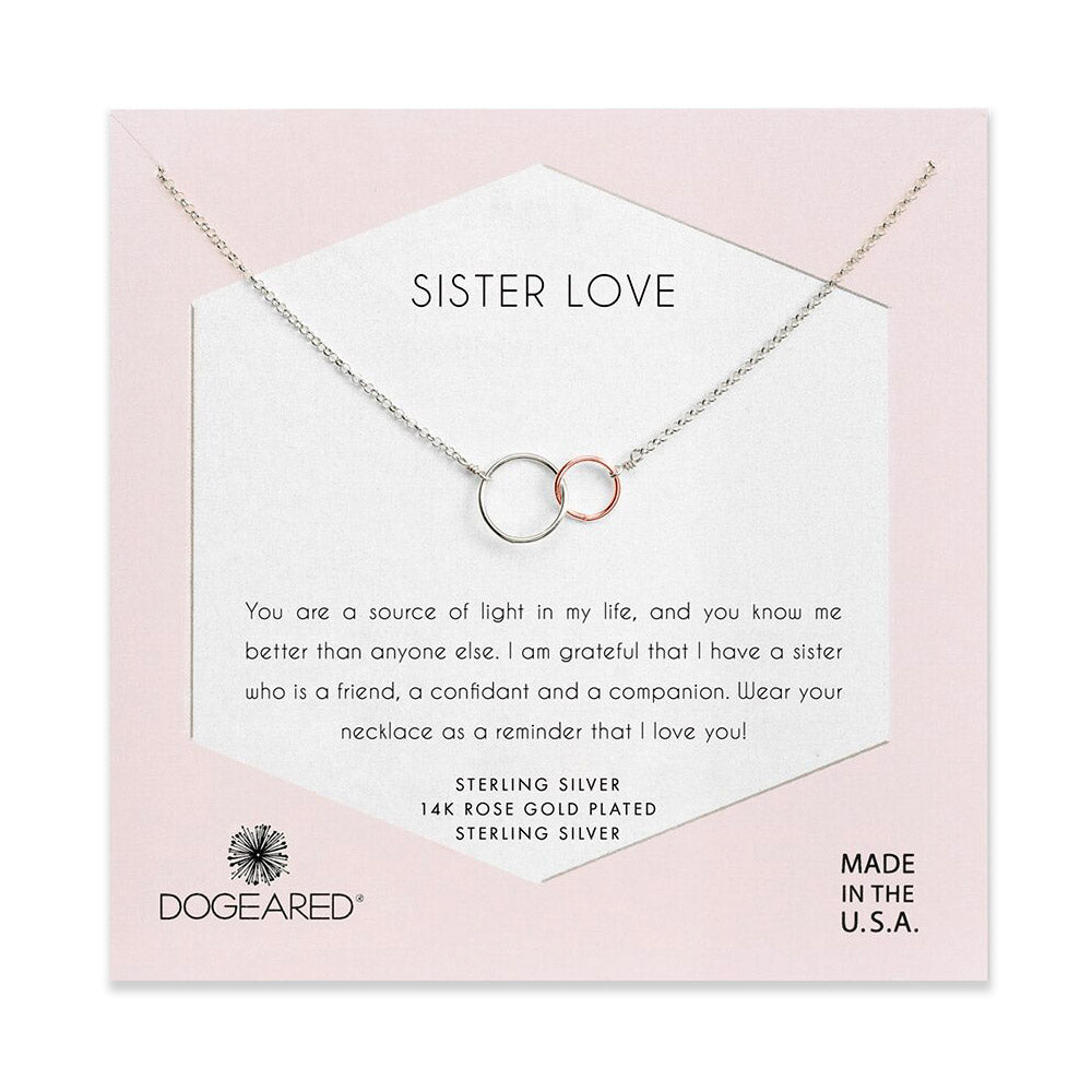 Sister love, two mixed metal linked rings necklace, silver
