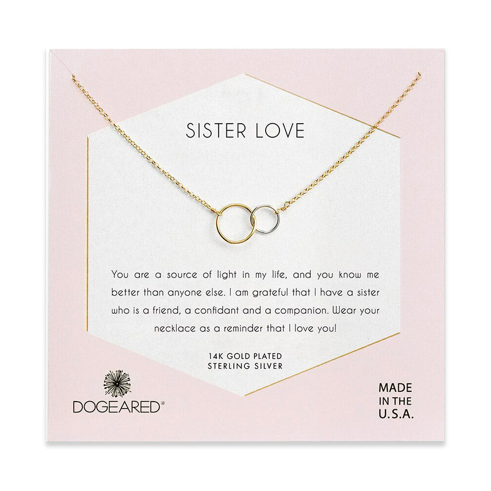 Sister love, two mixed metal linked rings necklace, gold dipped