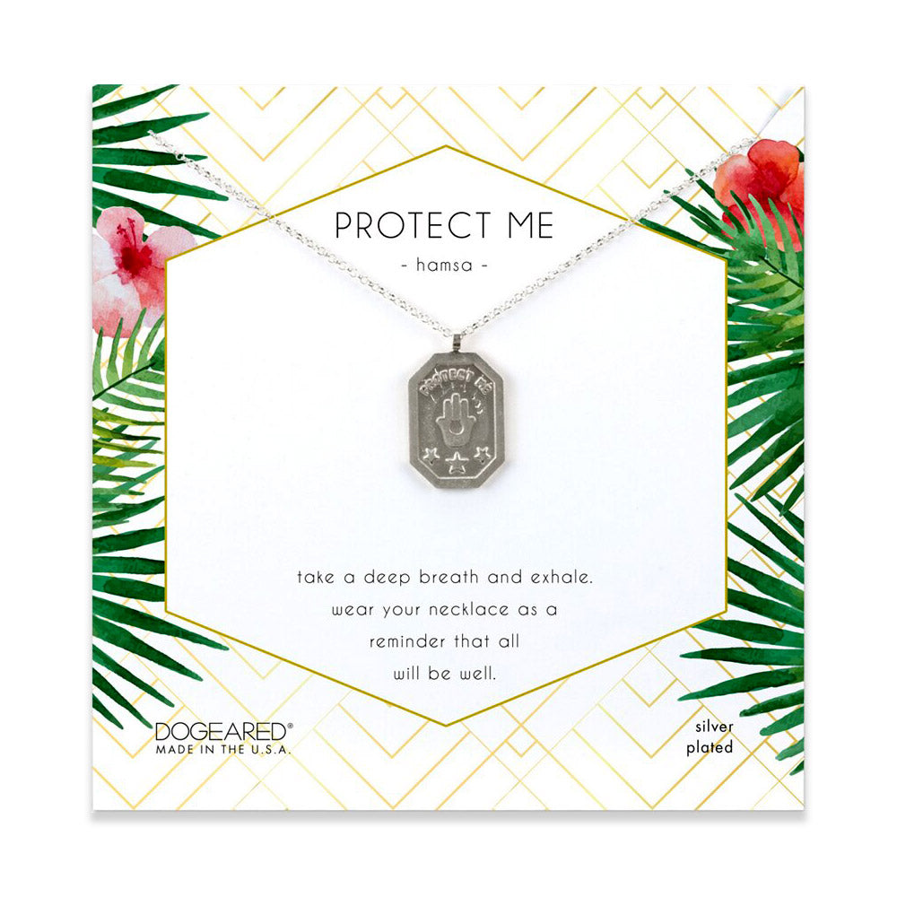 protect me, hamsa tablet necklace, silver plated