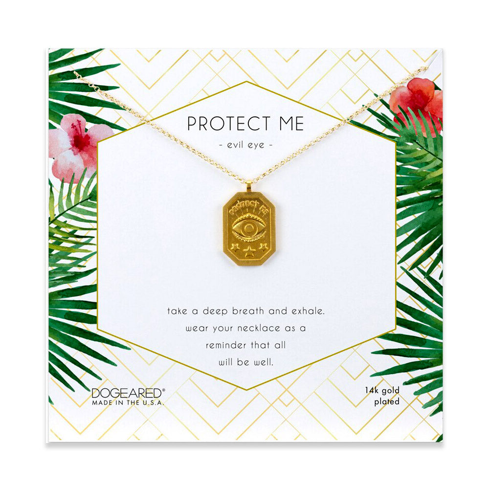 protect me, evil eye tablet necklace, gold plated