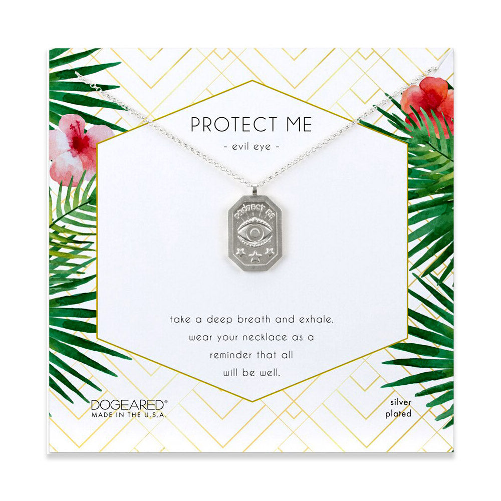 protect me, evil eye tablet necklace, silver plated