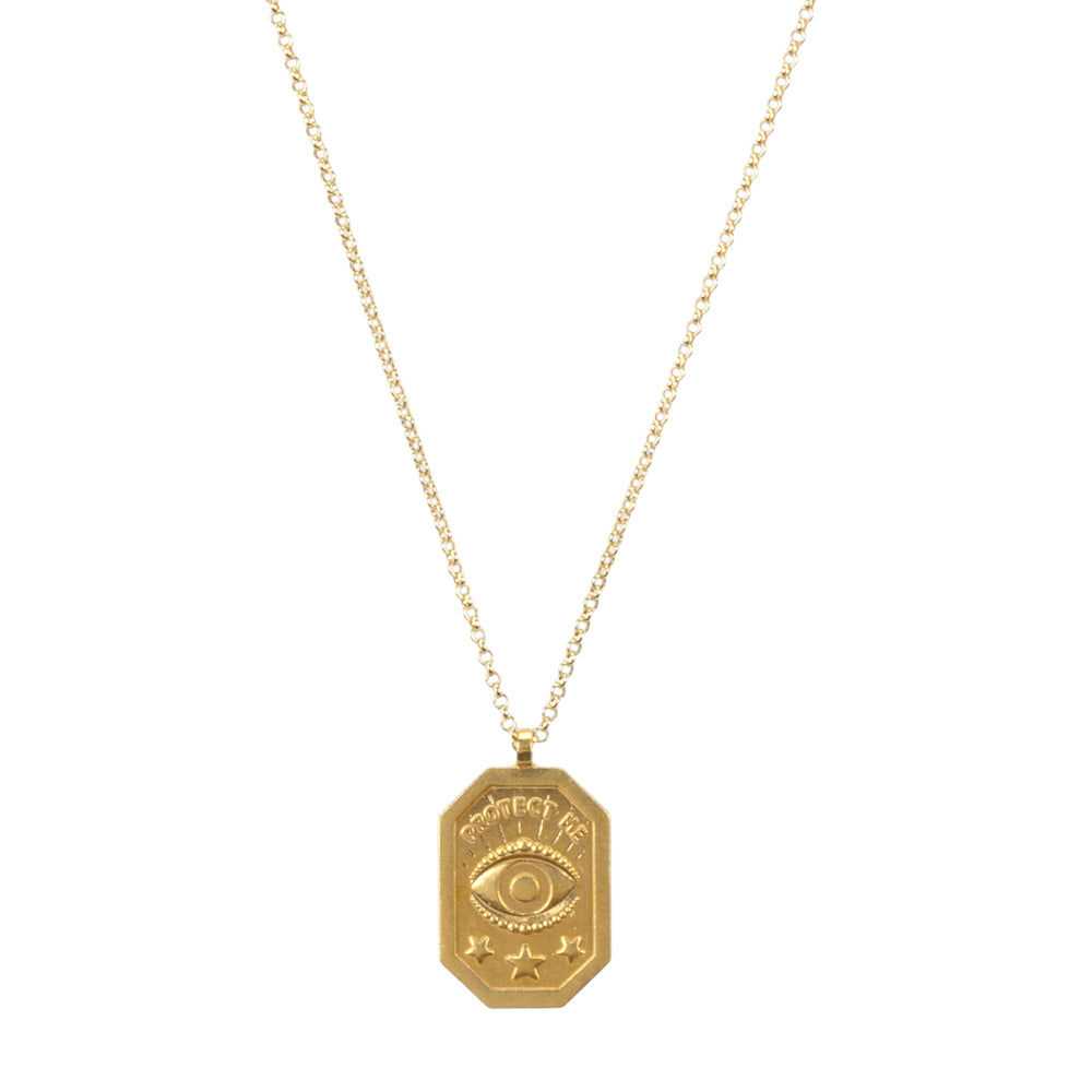 protect me, evil eye tablet necklace, gold plated