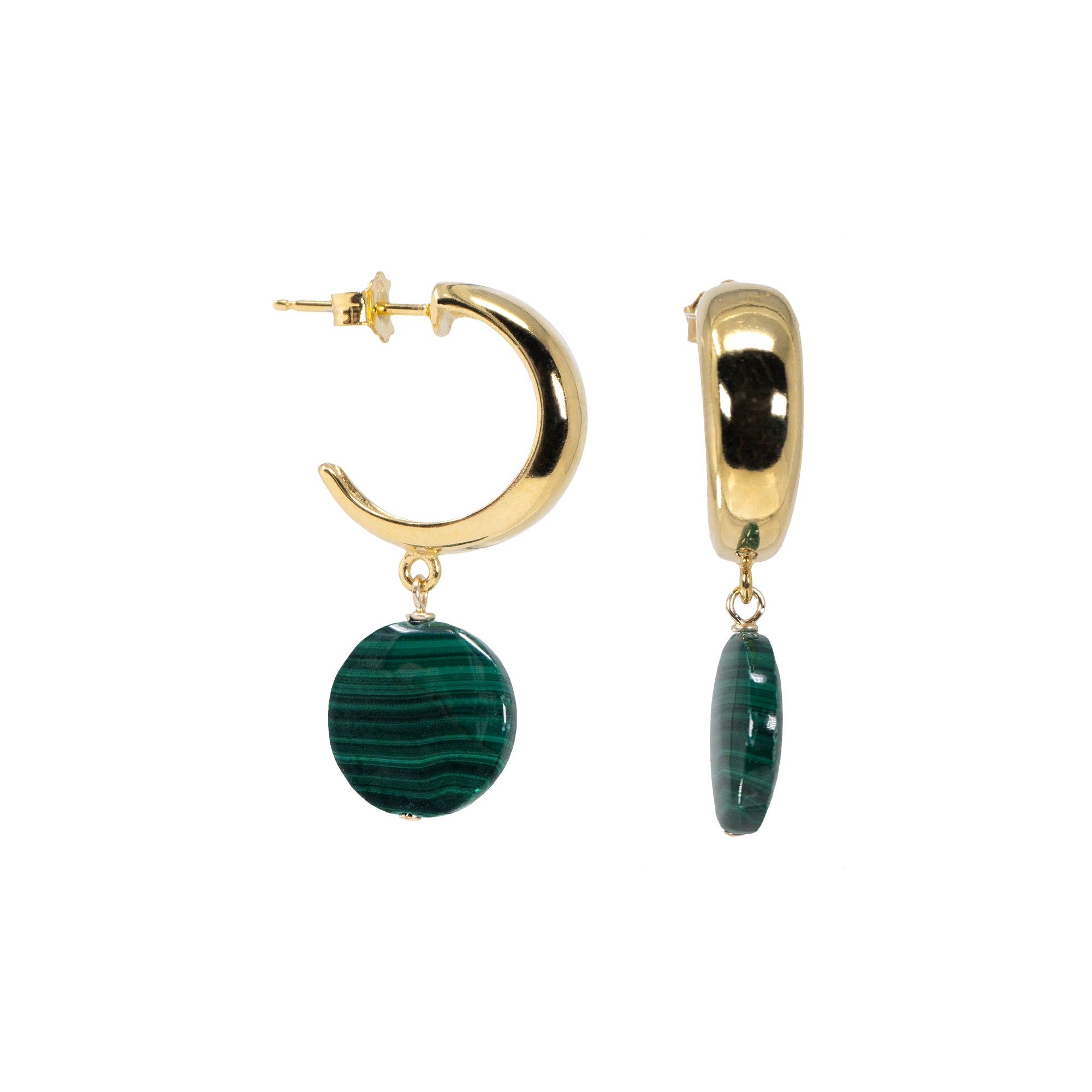 Gold filled hoops with malachite